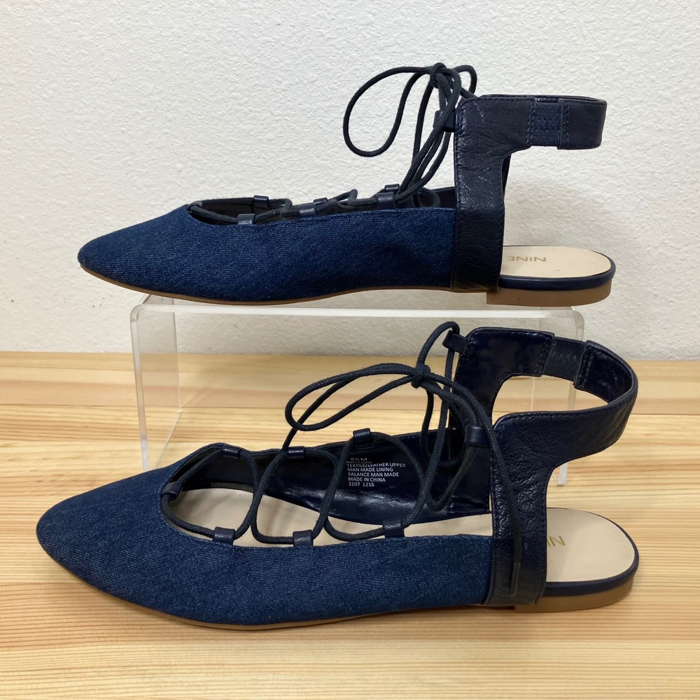 Nine West Fabia Lace Up‎ Flats Women 8.5 Blue Denim Leather Pointed Toe Ballet